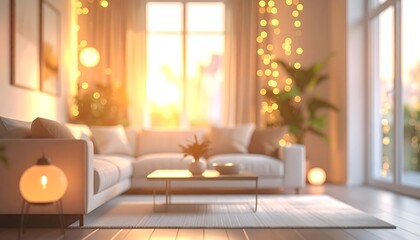 Sunlit living room with sectional sofa, coffee table, and warm lighting