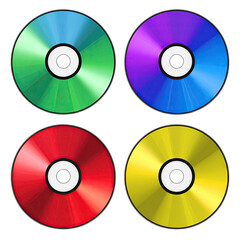 Four colorful CDs in a grid pattern.  Each disc displays a vibrant, gradient hue, including shades of blue, green, purple, red, and yellow.  The discs have a reflective surface and a central hole