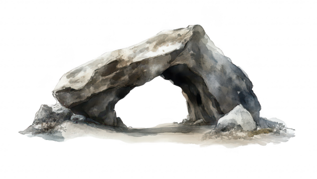 A natural stone arch formation stands prominently against a white background. its rugged texture and unique shape. ideal for nature-themed backgrounds or geological studies
