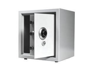 A light grey, cube-shaped security safe with a partially open door, revealing a combination lock and keyhole