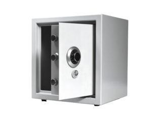 A light grey, cube-shaped security safe with a partially open door, revealing a combination lock and keyhole