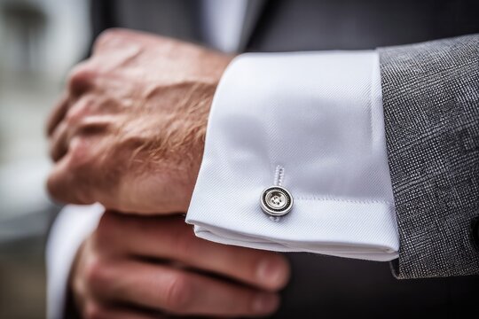 Close-up of a man adjusting his cufflinks, showcasing a crisp white shirt and grey suit