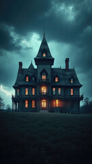 Massive Victorian mansion with turrets and bay windows standing on hill under dark stormy sky with heavy rain. Halloween.