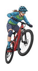 Fototapeta premium Female Mountain Biker Performing Jump on Red Full Suspension Bike.