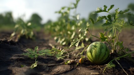 A watermelon plant with spreading vines and one large fruit visible on the soil