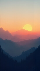 Sunrise over misty mountains creating a soft pastel landscape with copy space