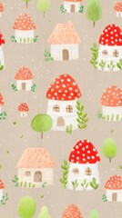 pastel mushroom house wallpaper Whimsical Fairy Tale Mushroom Houses and Trees Hand-Painted Illustration in Soft Pastel Colors a vintage storybook mushroom wallpaper