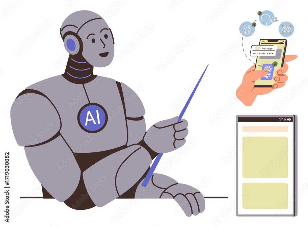 Aufkleber ai robot with pointer teaching, hand using phone for managing tasks, finance, or automation. ideal f