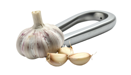 A whole garlic bulb and several cloves rest beside a metallic garlic press