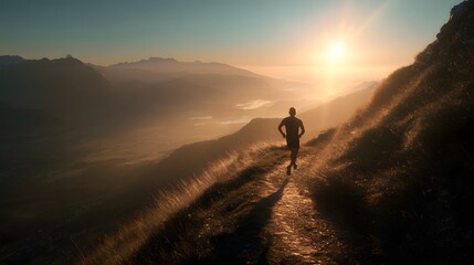 Fototapeta premium Trail running mountain fitness sunrise runner athlete outdoor workout motivation healthy lifestyle view run
