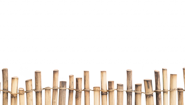 A rustic wooden fence made of bamboo sticks stands against a plain white background. creating a serene and minimalist aesthetic ideal for nature-themed projects or home decor