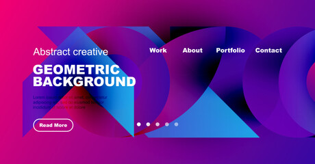 Modern website header design. Vibrant colors, geometric shapes, text elements present. Clean layout for digital interface.