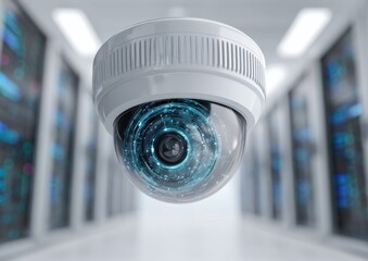 White dome surveillance camera, centered, displaying a circular blue digital overlay, against a blurred server room background with bright ceiling lights