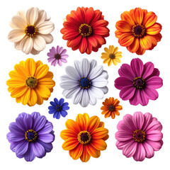 A vibrant cluster of flowers in various colors and shades, arranged in a grid pattern. 