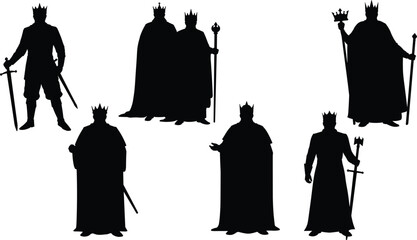  Silhouettes of kings or royal figures in various poses, representing monarchy, power, and historical authority in a royal court.
