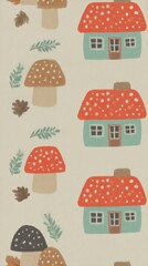 pastel mushroom house wallpaper Whimsical Hand-Painted Illustration of Cozy Tiny Houses with Red Mushroom Roofs and Forest Elements on Bright Wall a vintage storybook mushroom wallpaper