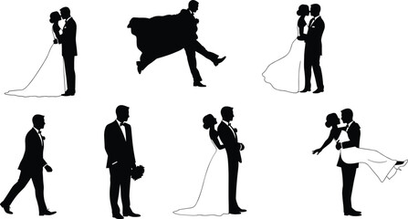 Obraz premium Silhouettes of a wedding couple in various romantic poses, representing marriage, love, celebration, and elegant moments of togetherness.