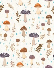 pastel mushroom house wallpaper Watercolor Mushroom Pattern with Leaves and Raindrops in Soft Earth Tones a vintage storybook mushroom wallpaper