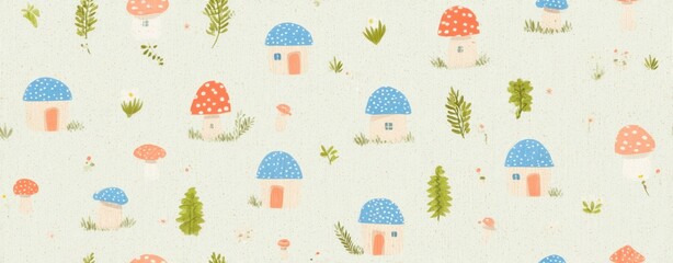 pastel mushroom house wallpaper Whimsical Fairy Tale Village with Mushroom Houses and Lush Greenery in a Soft Watercolor Illustration a vintage storybook mushroom wallpaper