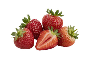 Four ripe red strawberries and one halved strawberry on transparent background. background removed