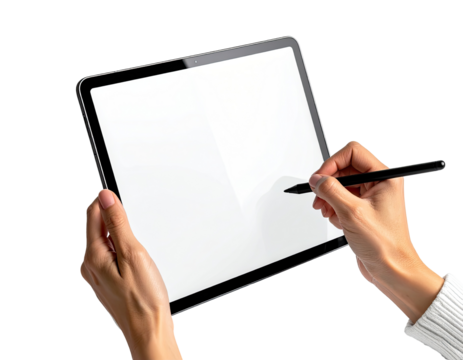 Close-up of hands holding a tablet computer with a stylus.  Blank screen