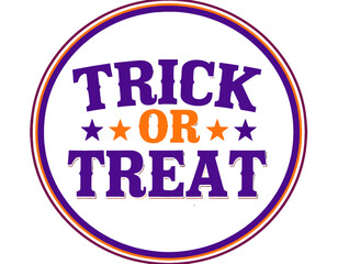 A circular Halloween graphic with the words "Trick or Treat" in purple and orange.