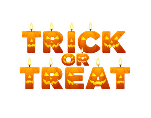 Halloween themed text "Trick or Treat" formed from orange candles with jack-o'-lantern faces.