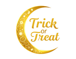 Gold crescent moon graphic with "Trick or Treat" text.