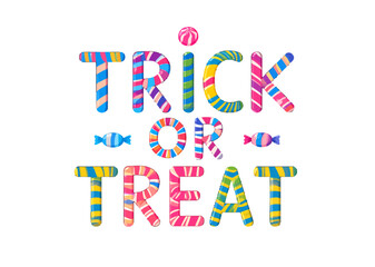 Colorful candy cane letters spell out the Halloween phrase "Trick or Treat".