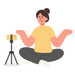 Vector cartoon illustration of woman live streaming with a smartphone. Online content creation, social media, and digital lifestyle concept.