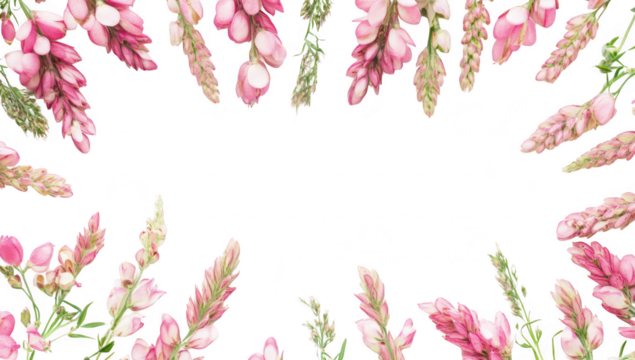 A arrangement of pink lupine flowers elegantly framing a blank white background. ideal for invitations. greeting cards. or nature-themed designs