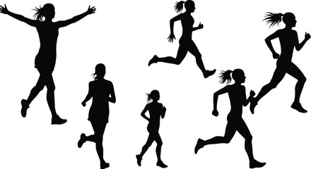 Silhouettes of women running outdoors, a diverse group of runners in various poses, for fitness and sport.