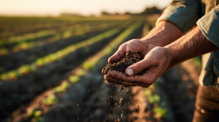 Realistic photo of farmer hand holding soil in crop field at sunset, close-up arm and hand in green shirt, sustainable agriculture and connection to earth