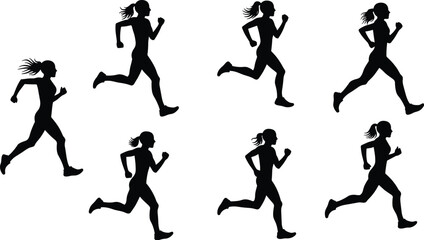 Silhouettes of women running outdoors, a diverse group of runners in various poses, for fitness and sport.