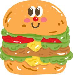 Cute cartoon doodle hamburger. Vector illustration in cartoon style.
