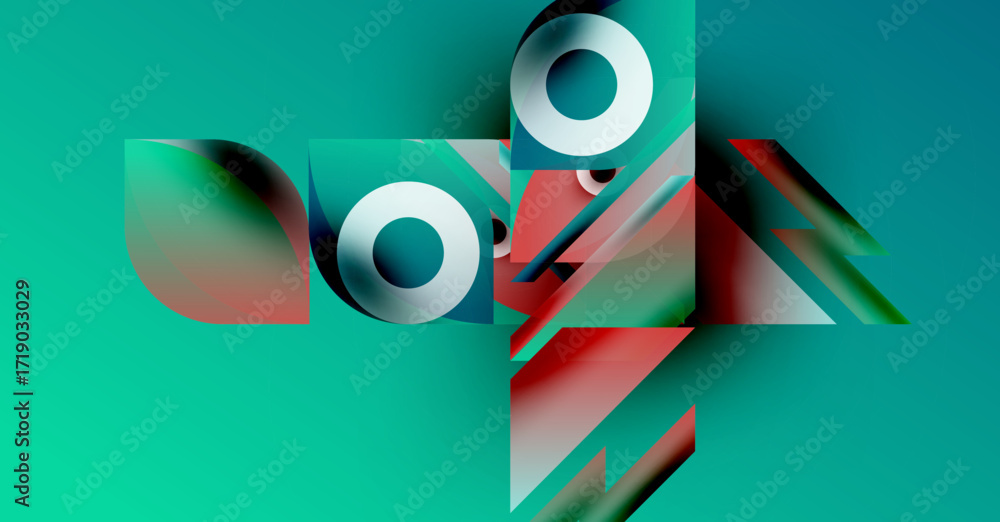Poster abstract geometric shapes, vibrant colors, teal background. circles, rectangles intersect creating d