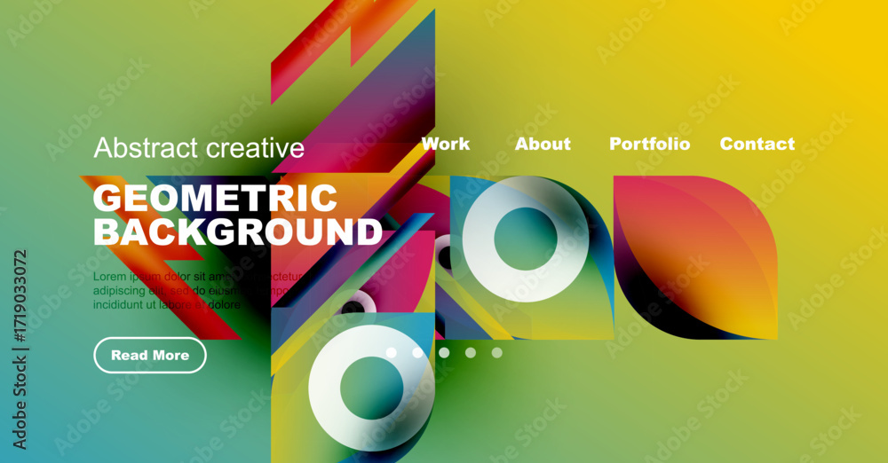 Poster vibrant geometric design. gradient colors, shapes overlap. website header with navigation elements, 