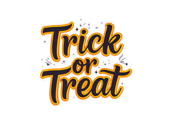 "Trick or Treat" text design, featuring stylized lettering in orange and black with decorative sparkles on a white background.