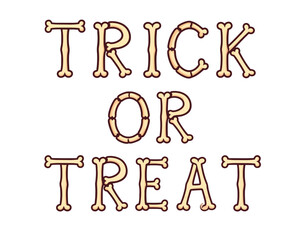 "Trick or Treat" text spelled out using bone-shaped letters, on a white background.
