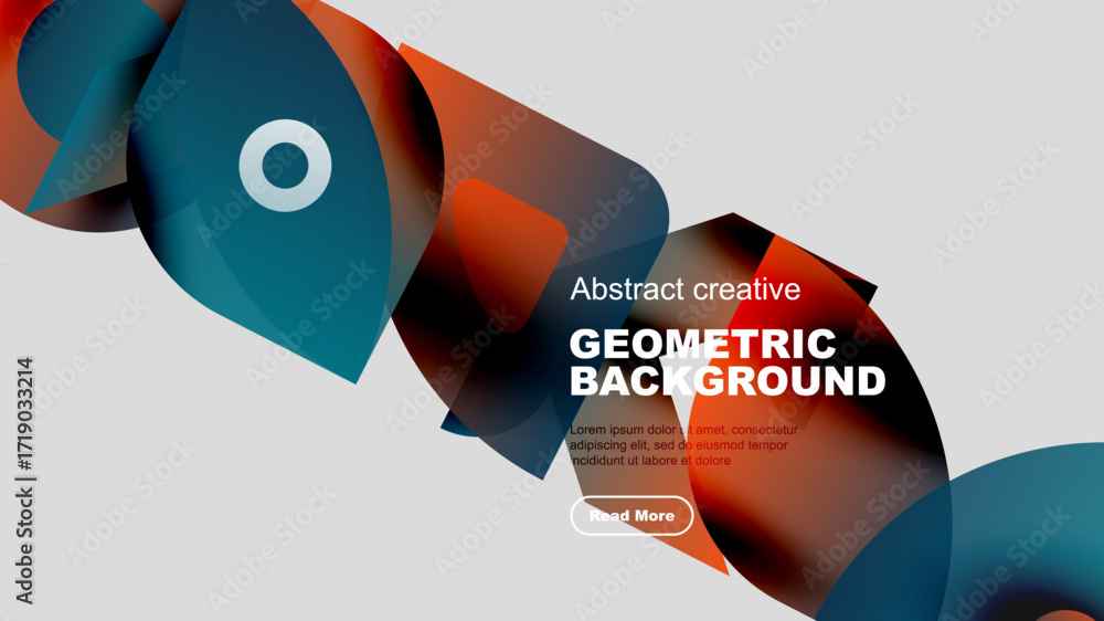 Poster abstract shapes overlap, creating dynamic composition. orange, blue hues dominate design. text prese