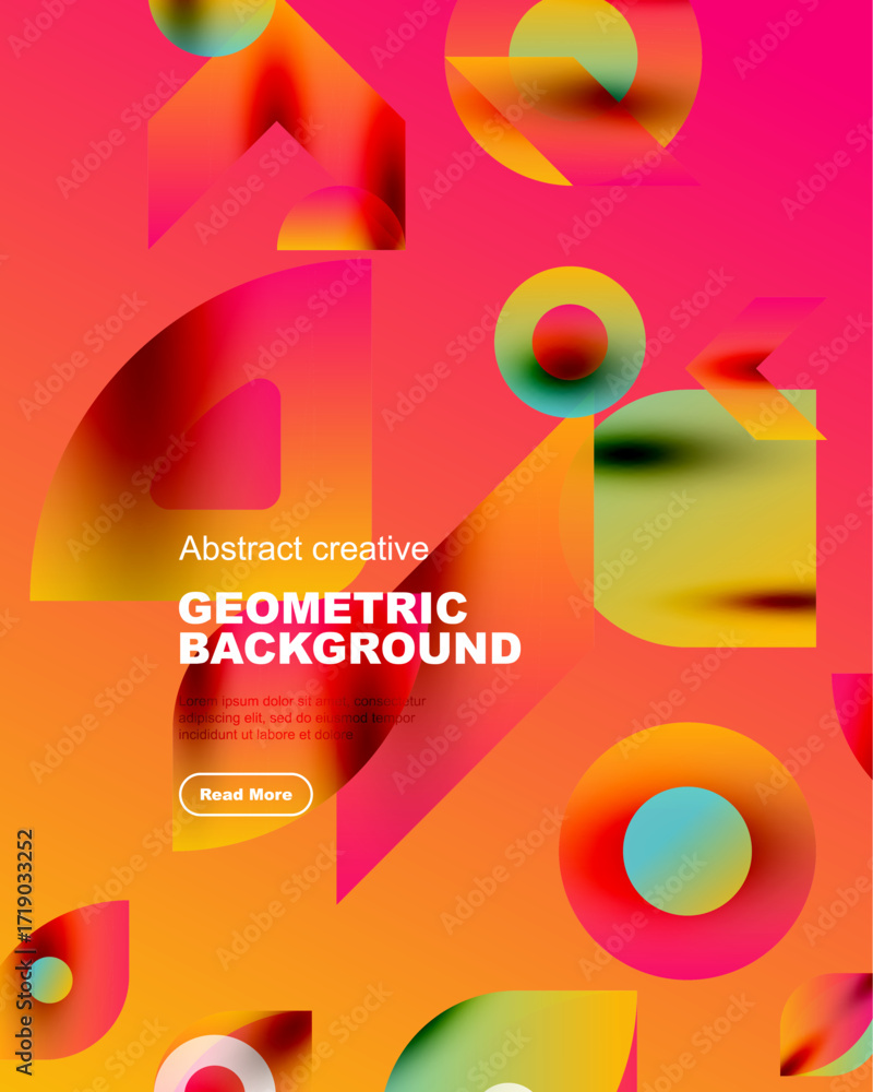 Poster vibrant geometric shapes overlap, creating dynamic colorful background. text promotes creative desig