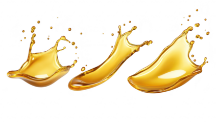 A dynamic sequence of three splashes of golden liquid against a clean white background. the fluid motion and color for potential culinary or beverage advertising use