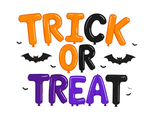 Halloween themed graphic design with "Trick or Treat" written in colorful balloons and bats.