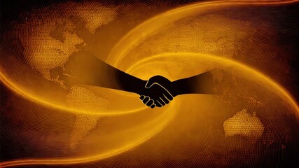 Animated handshake silhouette symbolizing a global agreement over a spinning, golden, digital world map, representing international business, partnership, cooperation, and successful negotiation - Powered by Adobe