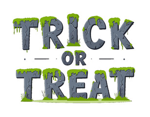 Stone "Trick or Treat" lettering, overgrown with moss, Halloween theme.