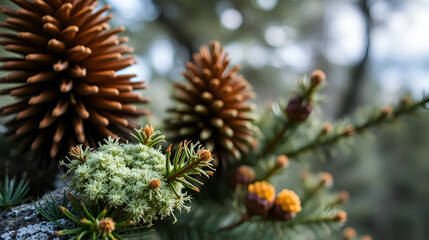 Conifers are a group of cone-bearing seed plants, a subset of gymnosperms and A lichen  is a composite organism that arises from algae or cyanobacteria for education in laboratory.