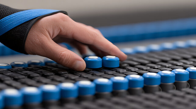 Hand adjusting blue knobs on a professional audio mixing console