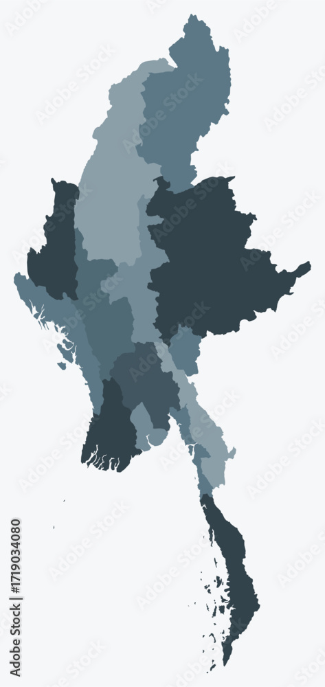 Poster map of myanmar with regions. just a simple country border map with region division. blue grey color 