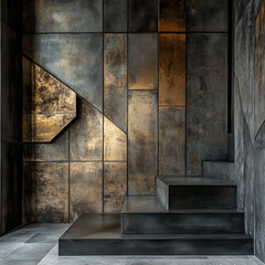Modern industrial interior with geometric metallic wall panels and minimalist staircase in dark tones