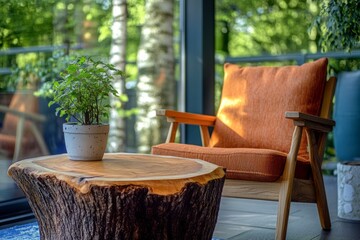 Fototapeta premium A comfortable outdoor seating area featuring a rustic wooden stump table and an orange upholstered chair, bathed in natural light.